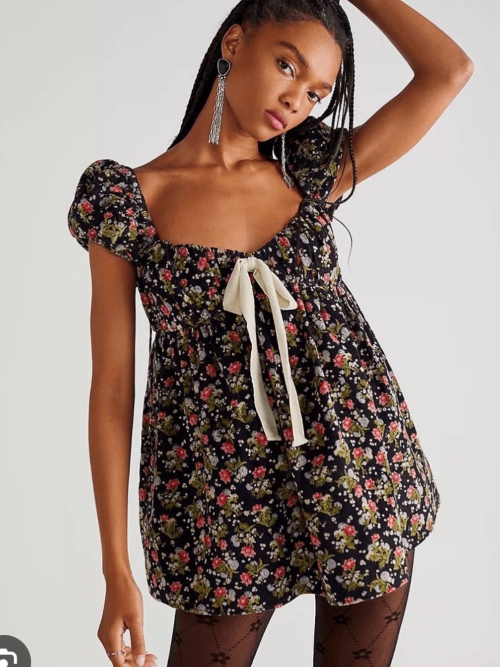 Free People Black Floral Puff-Sleeve Mini Dress with Cream Bow